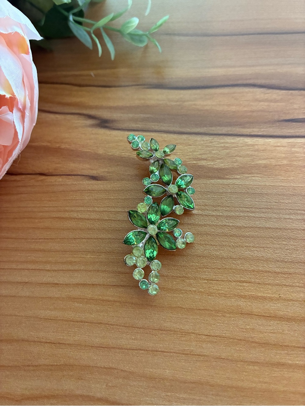 Vintage Style Green Floral Crystal Brooch